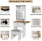 Farmhouse Small Vanity Desk Set with Mirror Cabinet Mini Makeup Vanities Set with 3 Adjustable Lights and Storage Chair for Compact Space, White Dressing Table with Fold-up Panel